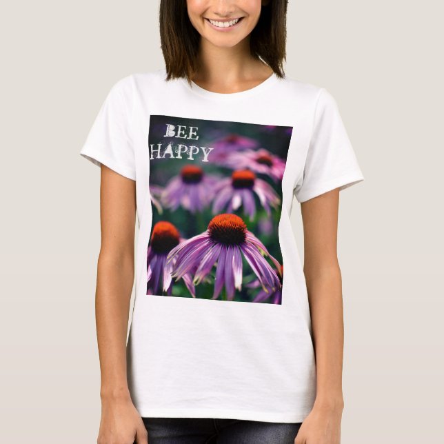 Camiseta Púrpura Flores de Cone Foto Feliz (Frente)