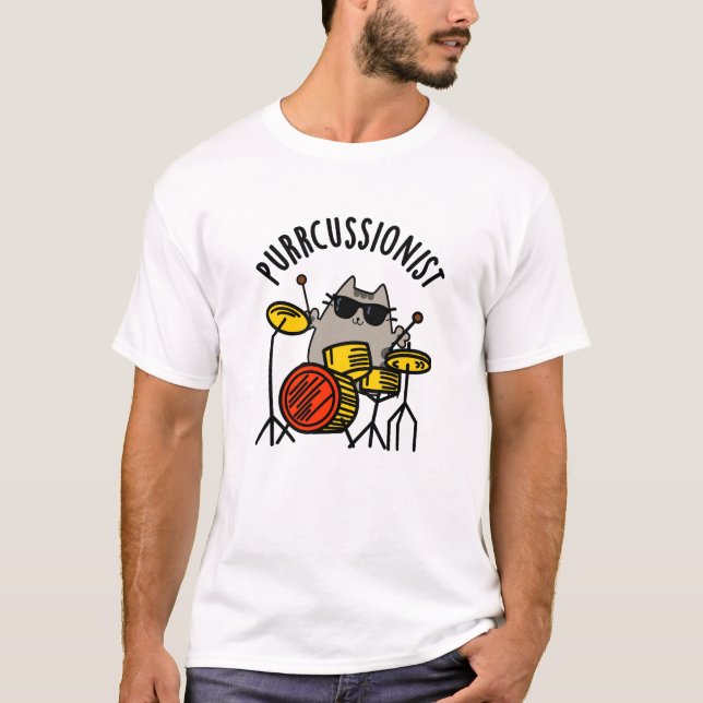 Camiseta Purr-cussionista Engraçado Drummer Cat Pun (Frente)