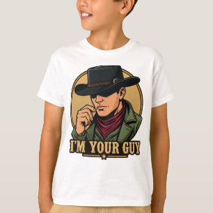 Camiseta Quadrinho Retro de Cowboy de Chapéu Preto Eu Sou o