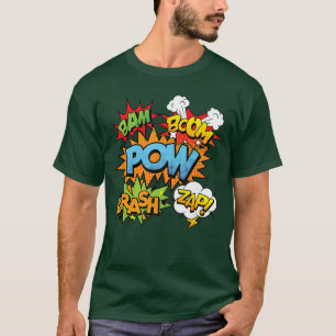 Camiseta Quadrinhos Bam Pow Crash Boom Zap Bolhas em Brigh