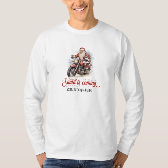 Camiseta Quadrinhos engraçados do Papai Noel numa moto (Frente)