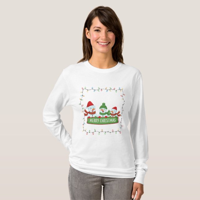 Camiseta Quadro de Luzes de Natal de Bonecos de Neve Fofos (Frente Completa)