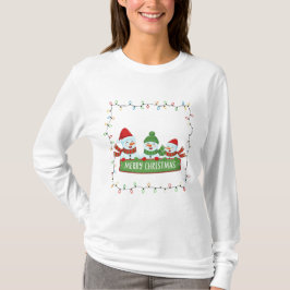 Camiseta Quadro de Luzes de Natal de Bonecos de Neve Fofos