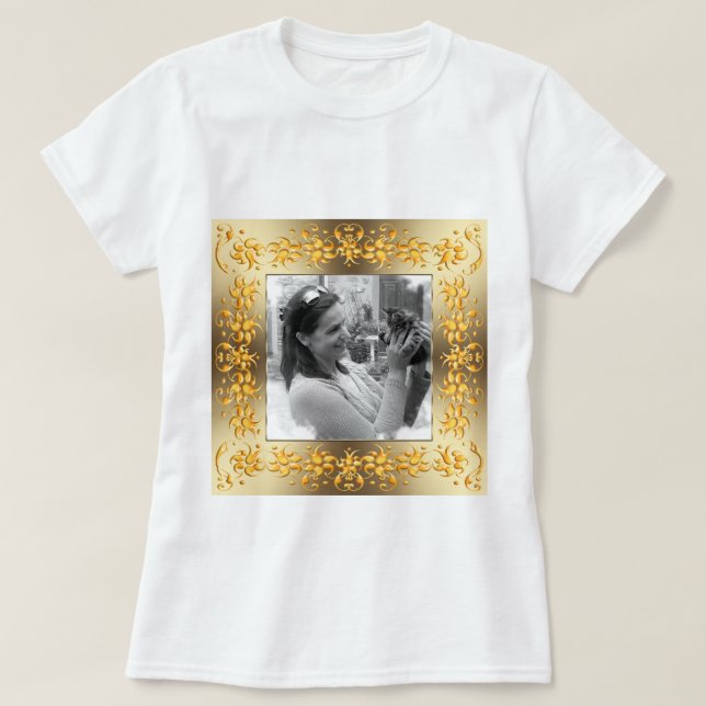 Camiseta quadro dourado retro floral. Sua foto (Frente do Design)