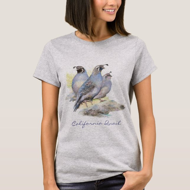 Camiseta Quail Original Watercolor California. Pássaro (Frente)