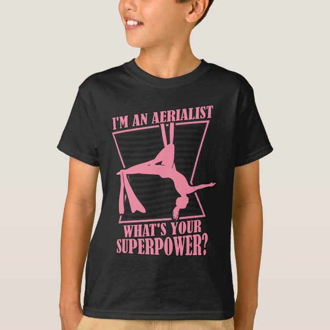 Camiseta Qual é sua Ginástica de Superpoder Ioga Aérea Aeri (Frente)