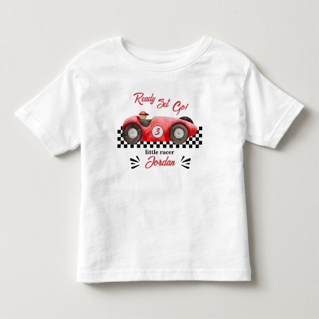 Camiseta Qualquer Idade Aniversário Carro de Corrida Vermel (Frente)