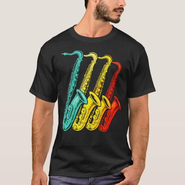 Camiseta Quarteto de Saxofone - Retro Sax Jazz (Frente)