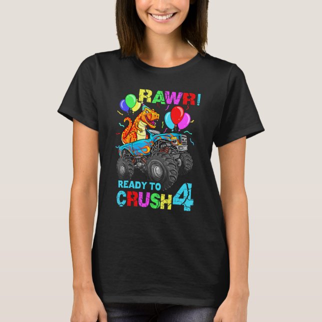 Camiseta Quarto Aniversário Caminhão Monstro do Dinossauro  (Frente)