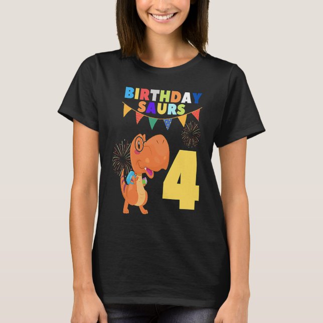 Camiseta Quarto Aniversário Dinossauro Pré-Histórico Para C (Frente)