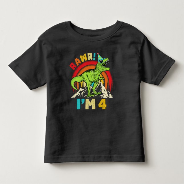 Camiseta Quarto aniversário Dinossauro T Rex Rawr Eu sou 4  (Frente)