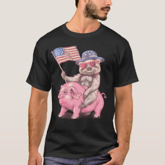 Camiseta Quarto De Julho Engraçado Sloth Pig American Flag 
