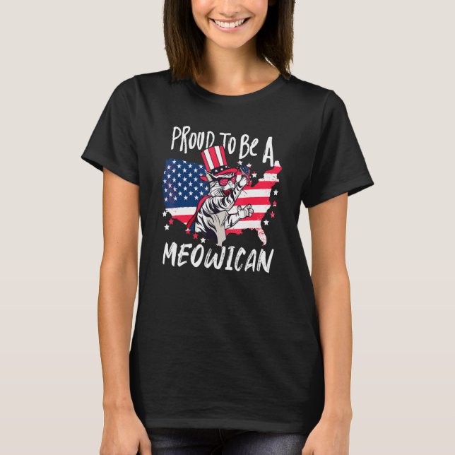 Camiseta Quarto De Julho, Meowican Cat American Independenc (Frente)
