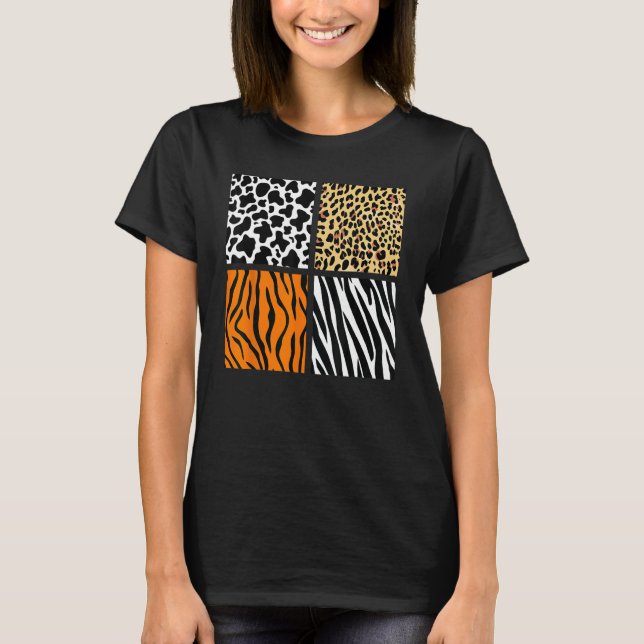 Camiseta Quatro Animais Padrão Vaca Tigre Leopardo Zebra An (Frente)