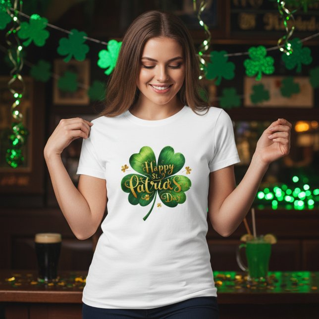 Camiseta Quatro Dia de São Patrício Feliz de Folha (Four Leaf Clover Happy St Patrick's Day T-Shirt)