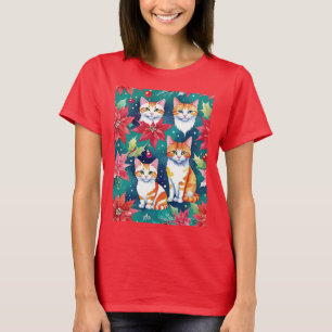 Camiseta Quatro Gatos De Natal Com Poinsettias