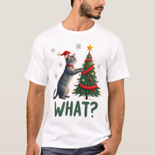 Camiseta Que Gato Divertido Empurrando Árvore de Natal Sobr