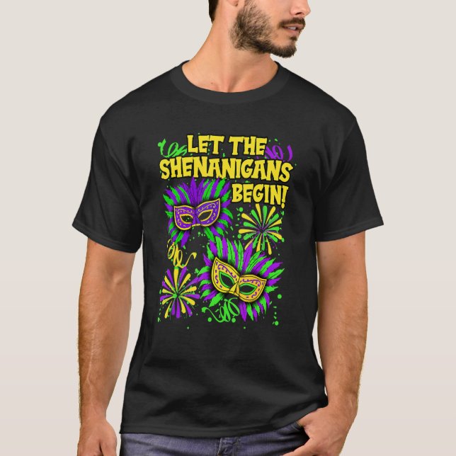 Camiseta Que Os Shenanigans Comecem A Mardi Gras Mask Carni (Frente)