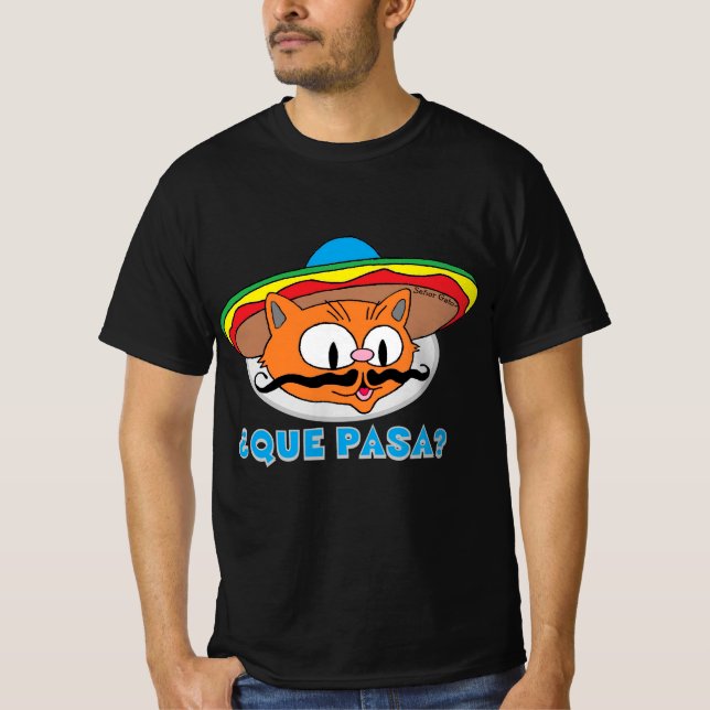 Camiseta QUE PASA? Gato Senhor Bigode de Desenho (Frente)