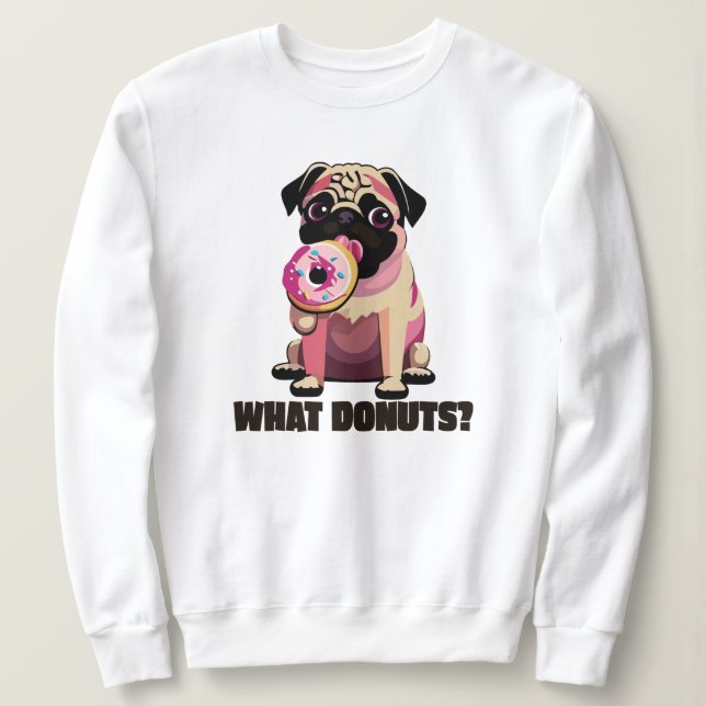 Camiseta "QUE ROSQUINHAS?" Pug Cujo Pug Comendo uma Rosquin (Frente do Design)