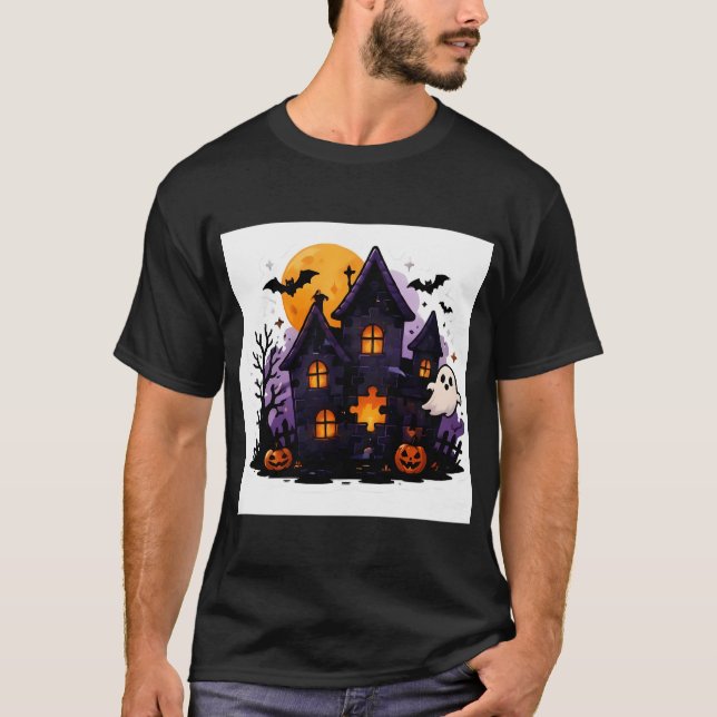Camiseta Quebra-cabeça Adesivo Casa Assombrada - Halloween  (Frente)
