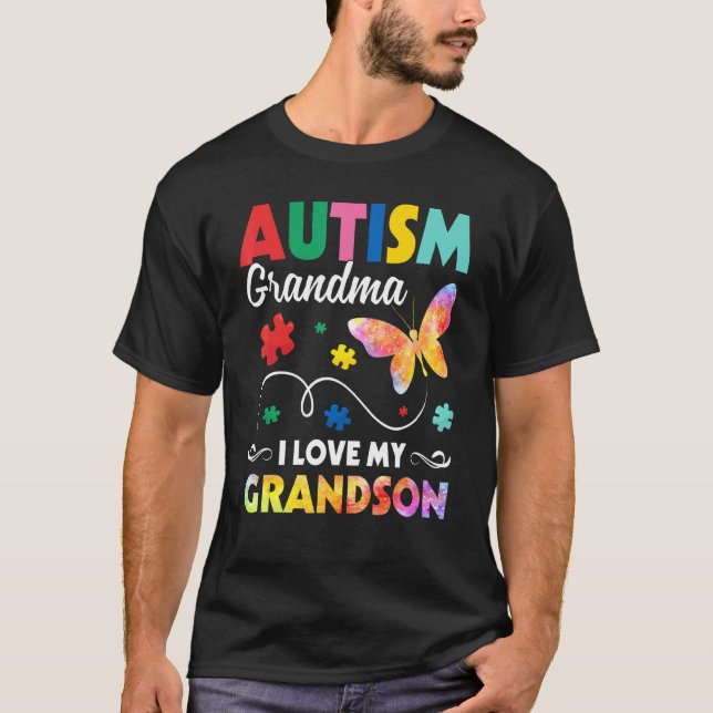 Camiseta Quebra-cabeça Borboleta Autismo Avó Eu Amo Meu Net (Frente)