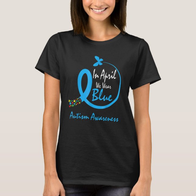 Camiseta Quebra-cabeça Borboleta Em Abril Nós Usamos Azul C (Frente)