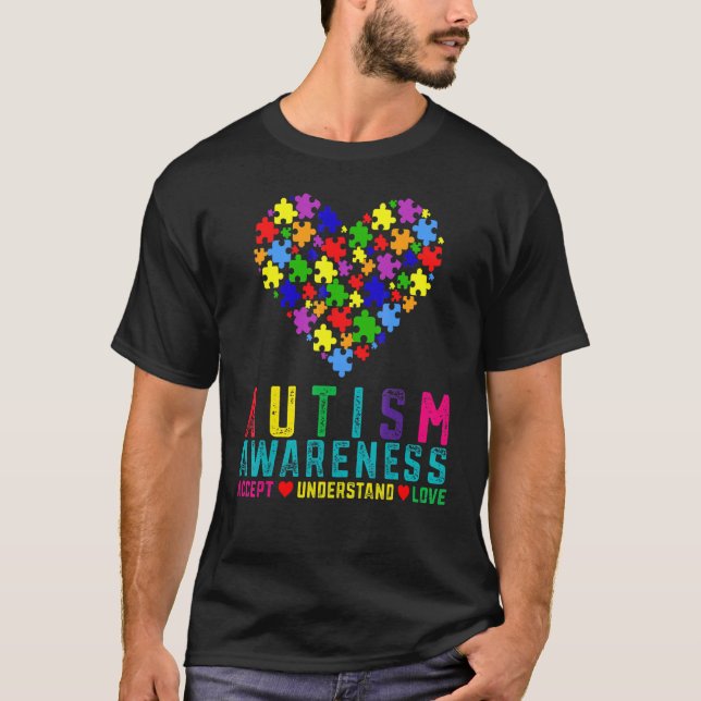 Camiseta Quebra-cabeça Cores Coração Aceitar Entender Amor  (Frente)