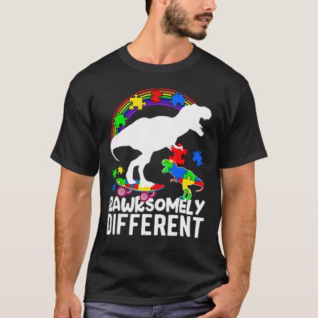 Camiseta Quebra-cabeça de Consciência do Dinossauro Autismo (Frente)