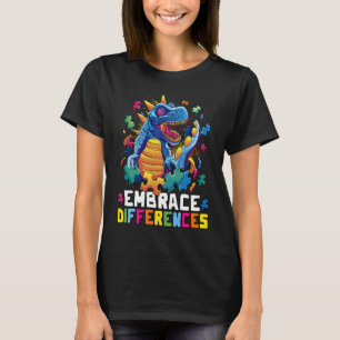 Camiseta Quebra-cabeça de Dinossauro Abrace Diferenças Auti