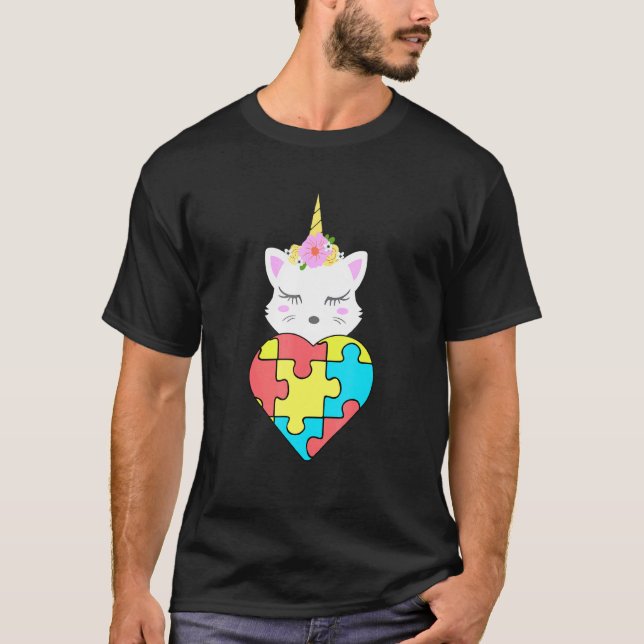 Camiseta Quebra-cabeça de Gato Unicórnio Conscientização do (Frente)