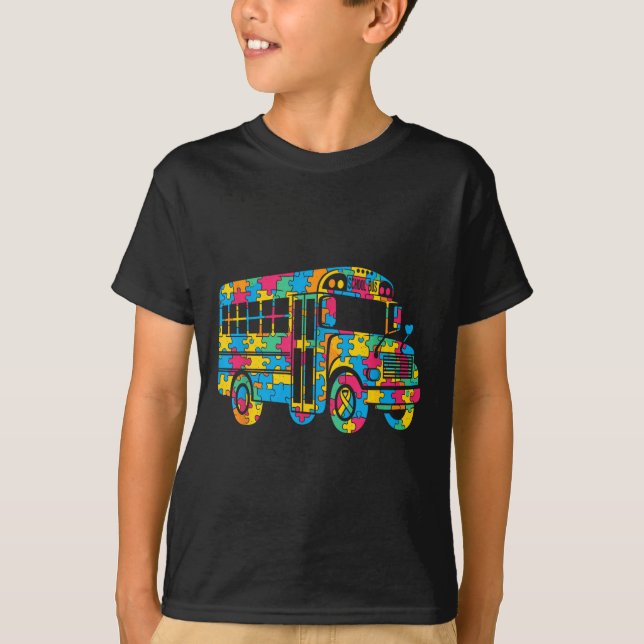 Camiseta Quebra-cabeça de Ônibus Escolar Autismo Sensibiliz (Frente)