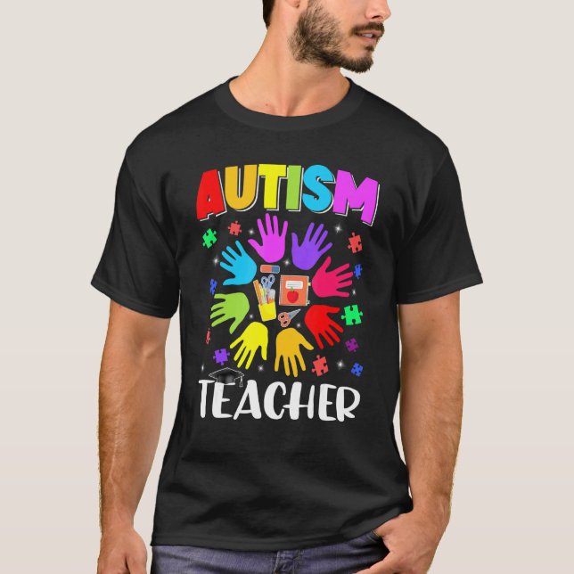 Camiseta Quebra-cabeça de professor de autismo Conscientiza (Frente)
