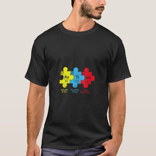 Camiseta Quebra-cabeça do Autismo Feminino Elemento Químico (Frente)