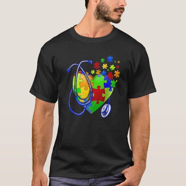Camiseta Quebra-cabeça do Coração Estetoscópio Enfermeira M (Frente)