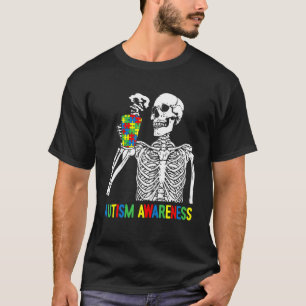 Camiseta Quebra-cabeça Esqueleto Bebendo Café Conscientizaç
