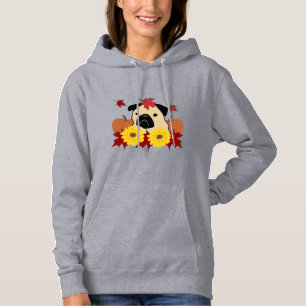 Camiseta Quebra de Pug com Folhas, Pumpkins e Girassóis