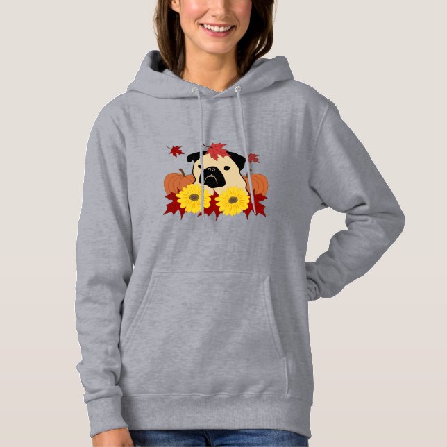 Camiseta Quebra de Pug com Folhas, Pumpkins e Girassóis (Frente)