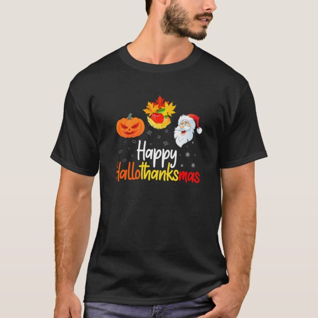 Camiseta Queda Feliz Hallothanksmas Dia das Bruxas Ação de  (Frente)