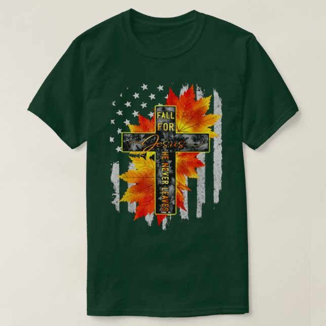Camiseta Queda por Jesus Ele Nunca Deixa Jesus Autumn Ameri (Frente do Design)