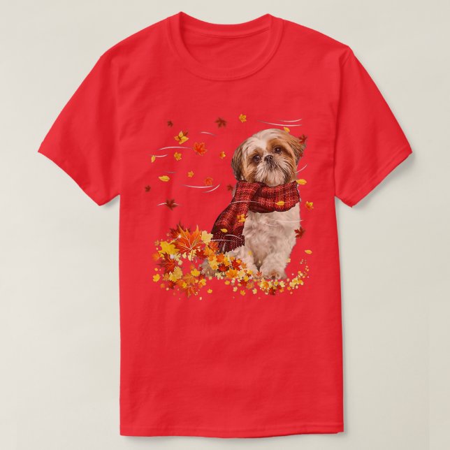 Camiseta Queda ScarfShih Tzu Cachorro outono Folhas (Frente do Design)