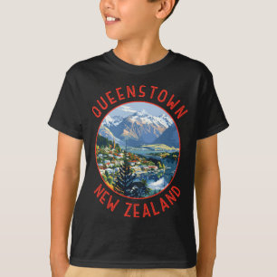 Camiseta Queenstown Nova Zelândia Círculo Distorcida Retro