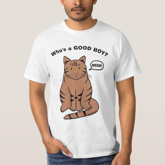 Camiseta Quem é um BOM RAPAZ? Gato Tabby Engraçado Falante (Frente)