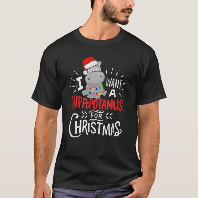 Camiseta Quero Um Hippopotamus Para O Natal, Xmas Hippo (Frente)