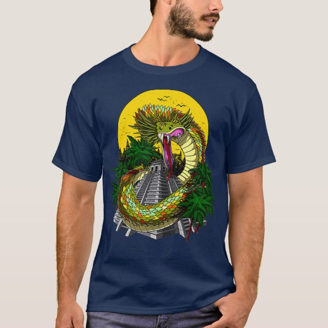 Camiseta Quetzalcoatl Aztec Deus Antiquado Pirâmides Maias (Frente)