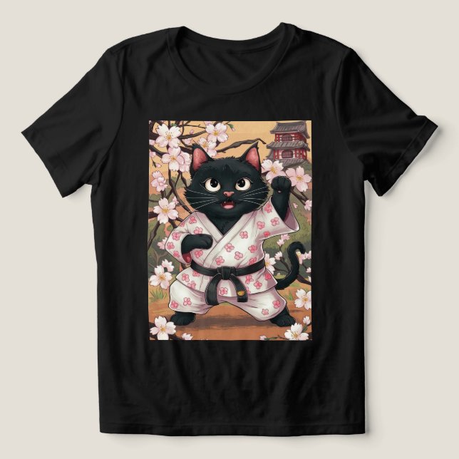 Camiseta Quimono Fofo de Karatê de Gato Preto (Design frontal)