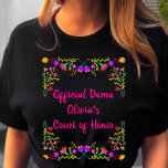 Camiseta Quinceanera Dama Mexicano Fiesta Floral Black<br><div class="desc">T-Shirt Preta Personalizada para a Sua(s) Mãe(s). O texto da frente é completamente editável e você também pode adicionar o nome do dama no verso, se quiser. A tipografia rosa brilhante é enquadrada por um design floral colorido de flores de fiesta mexicanas. Perfeito para as boas 15 celebrações e para...</div>