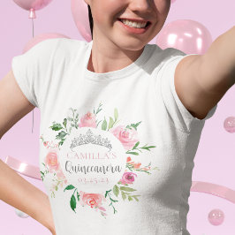 Camiseta Quinceañera Silver Tiara Floral Rosa Personalizada