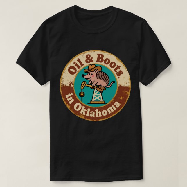 Camiseta Quirky Western Charm_ Oklahoma Cowboy Armadillo (Frente do Design)