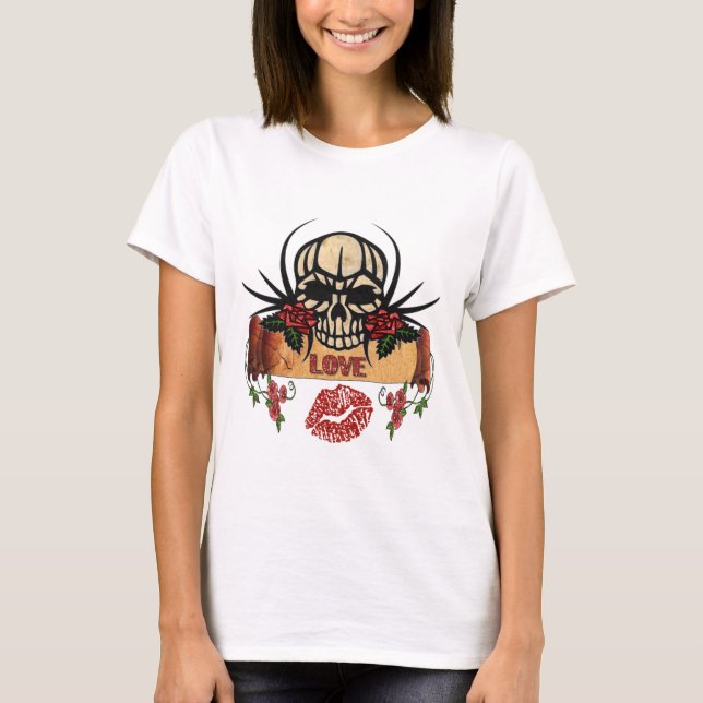 Camiseta RAB Rosas de crânio Rockabilly Love Lipstick (Frente)